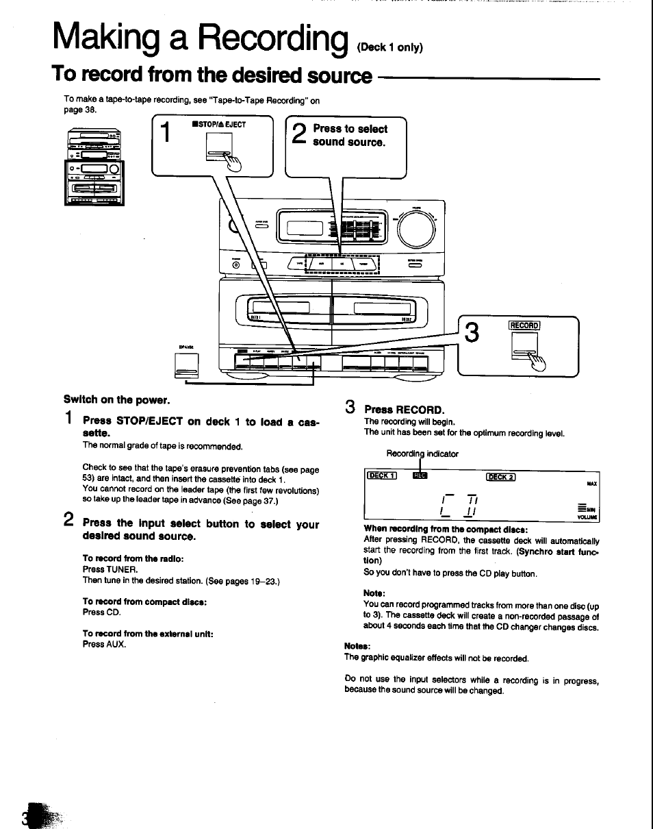 Making a recording (deck 1 only), To record from the desired source, Switch on the power | 1 press stop/eject on deck 1 to load a cassette, Pross record, Making a recording | Panasonic SC-CH60 User Manual | Page 36 / 60