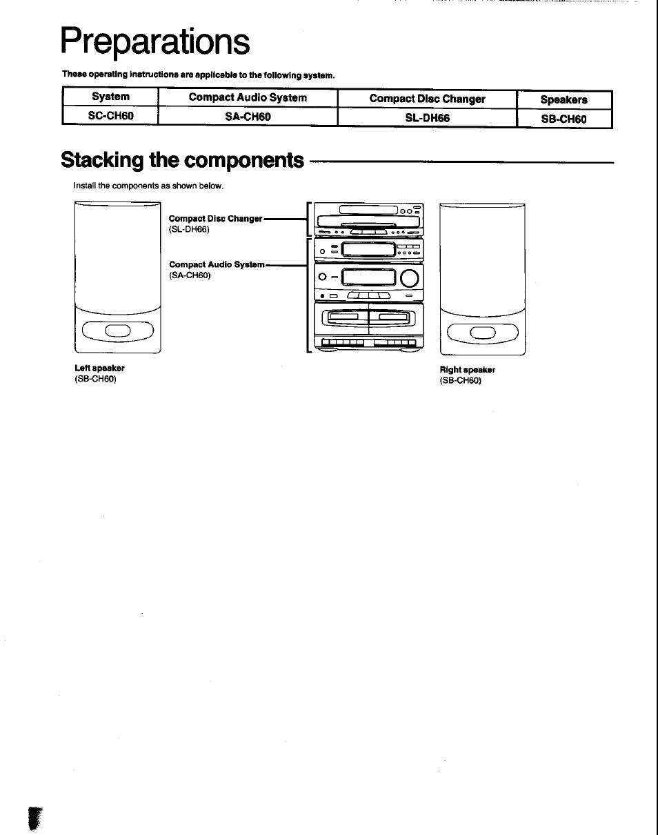 Preparations, Stacking the components | Panasonic SC-CH60 User Manual | Page 4 / 60