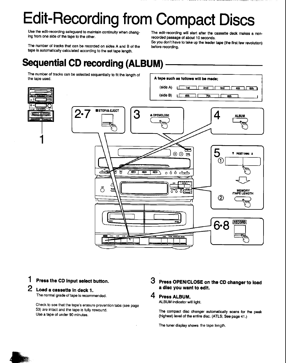 Sequential cd recording (album), 1 press the cd input select button, 2 load a cassette in deck 1 | 4 press album, Edit-recording from compact discs | Panasonic SC-CH60 User Manual | Page 40 / 60