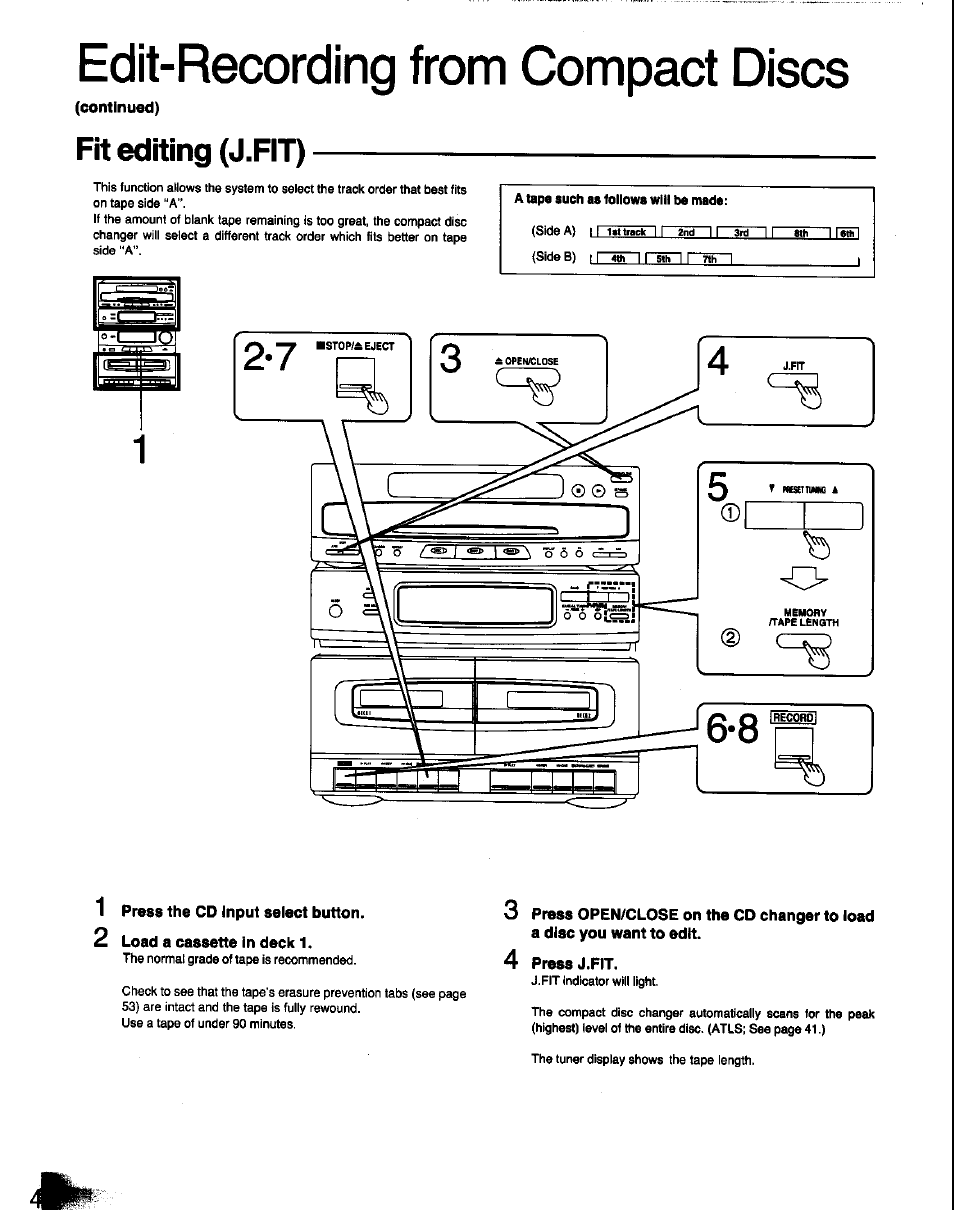 Fit editing (j.fit), 1 press the cd input select button, 2 load a cassette in deck 1 | 4 press j.fit, Edit-recx)rding from compact discs | Panasonic SC-CH60 User Manual | Page 42 / 60