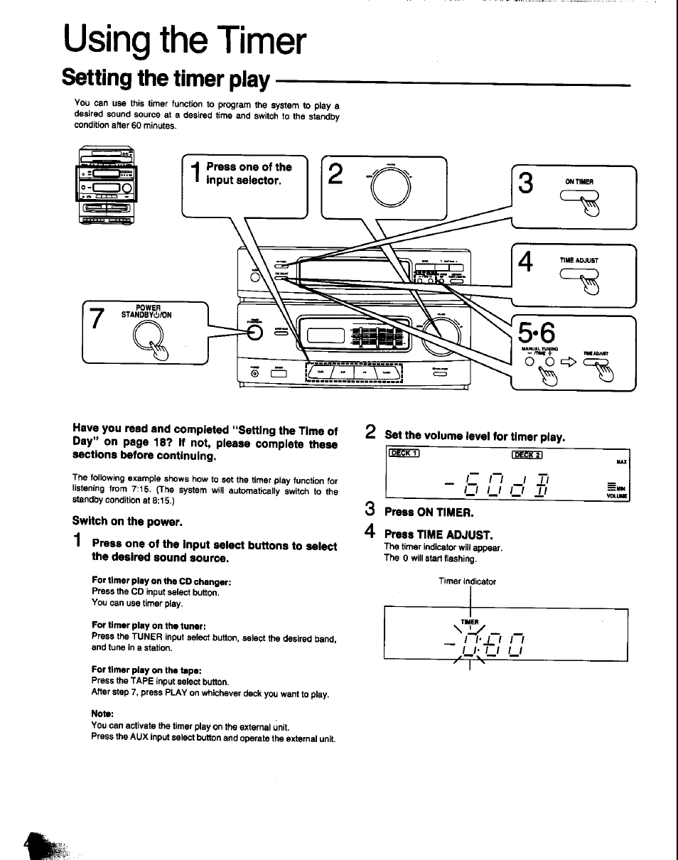 Switch on the power, 2 set the volume level for timer play, 3 press on timer | 4 press time adjust, Using the timer, Setting the timer piay, Г п 1 ti, И и и ±1 | Panasonic SC-CH60 User Manual | Page 46 / 60