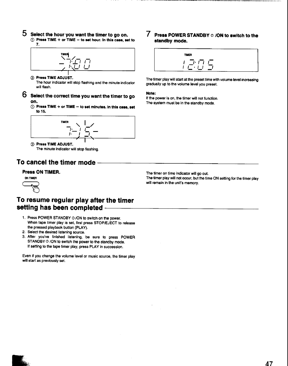 To cancel the timer mode, Press on timer, Select the hour you want the timer to go on | Panasonic SC-CH60 User Manual | Page 47 / 60
