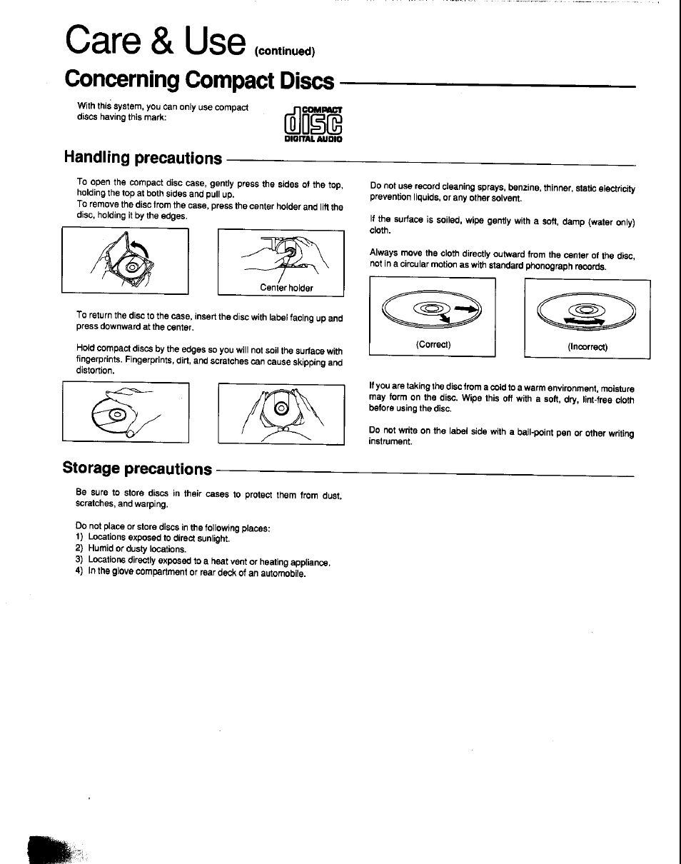 Care & use (continued) concerning compact discs, Alngfg, Handling precautions | Storage precautions, Care & use, Concerning compact discs | Panasonic SC-CH60 User Manual | Page 54 / 60