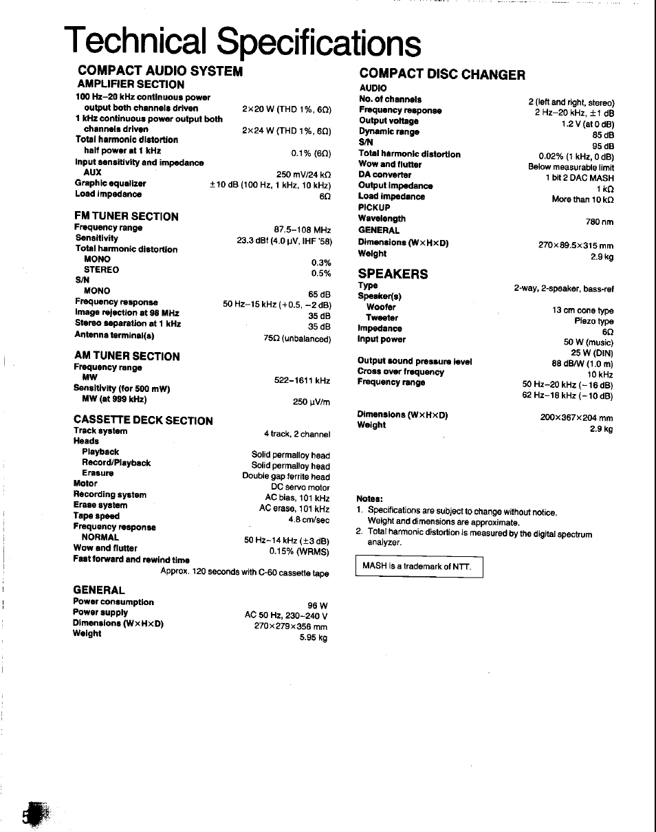 Technical specifications, Compact audio system compact disc changer, Speakers | General | Panasonic SC-CH60 User Manual | Page 58 / 60