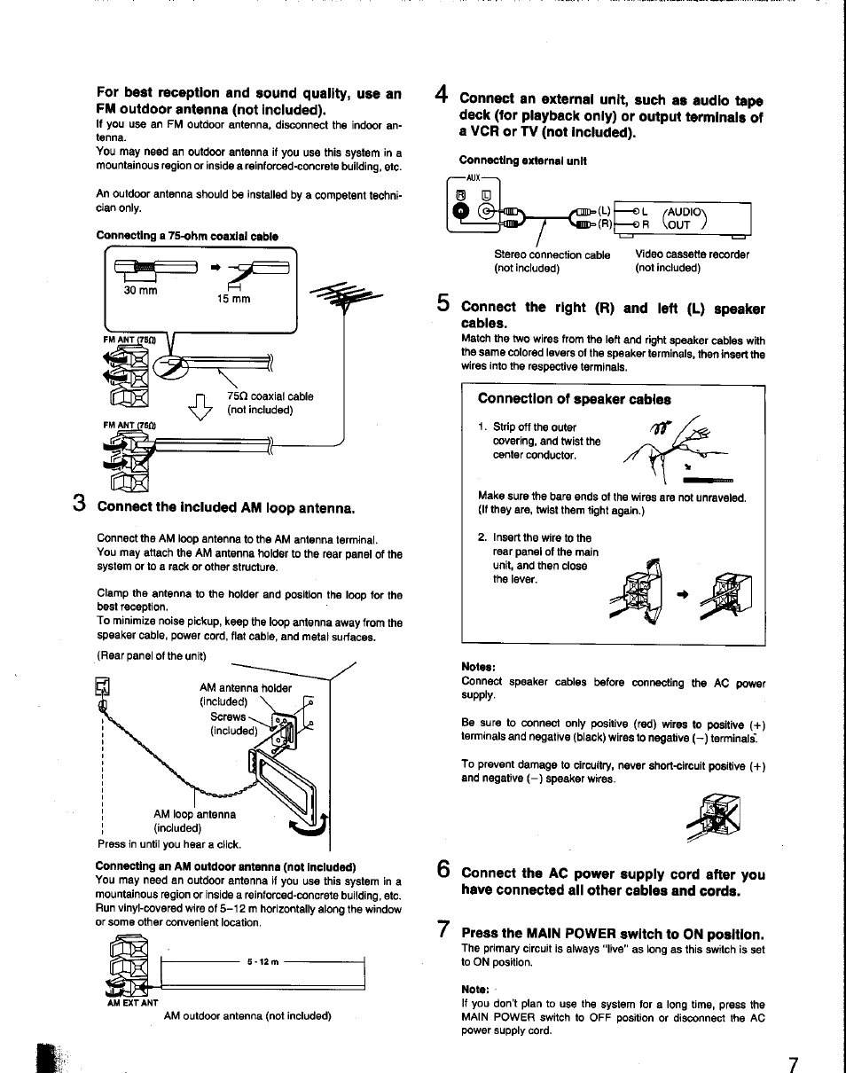 Connect the included am loop antenna, Connect the right (r) and left (l) speaker cables, Connection of speaker cables | Panasonic SC-CH60 User Manual | Page 7 / 60