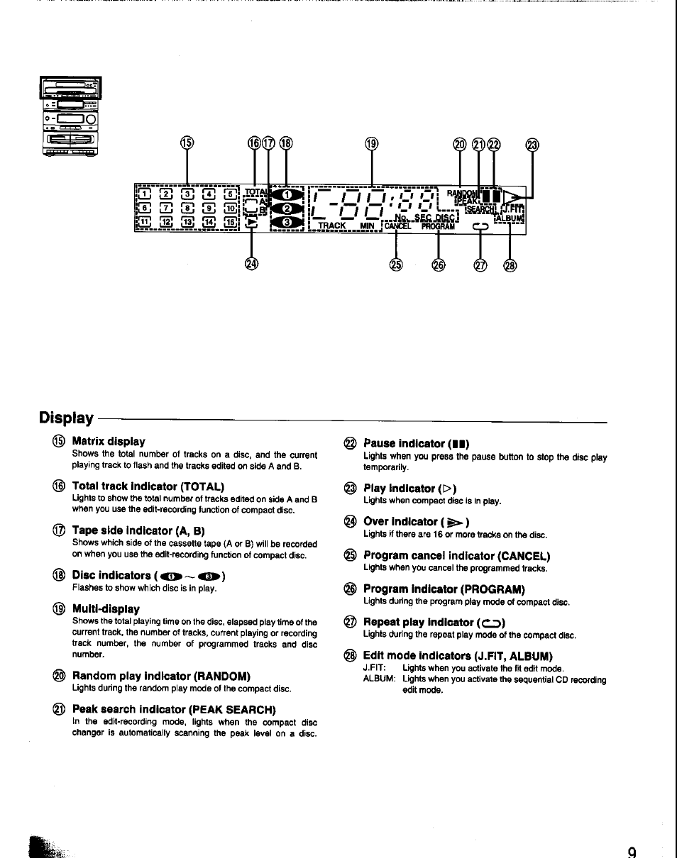 Display, Matrix display, Total track indicator (total) | Tape side indicator (a, b), Disc indicators, Multi-dispiay, Random piay indicator (random), Peak search indicator (peak search), Pause indicator (ii), Play indicator (>) | Panasonic SC-CH60 User Manual | Page 9 / 60
