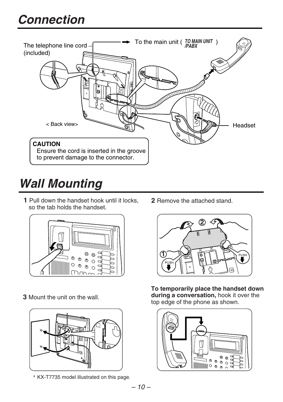 Wall mounting, Connection | Panasonic KX-T7735 User Manual | Page 10 / 16