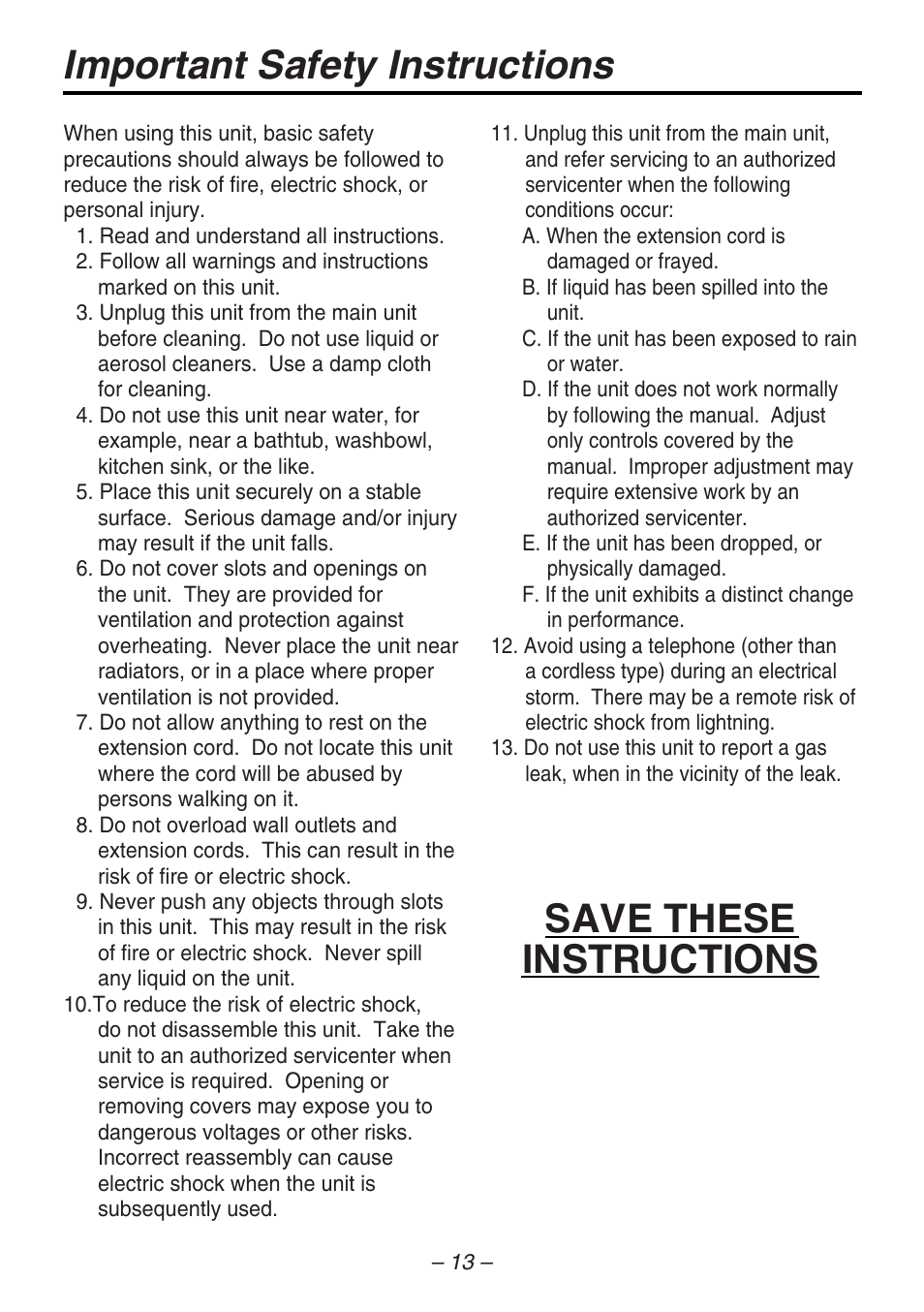 Important safety instructions, Save these instructions | Panasonic KX-T7735 User Manual | Page 13 / 16