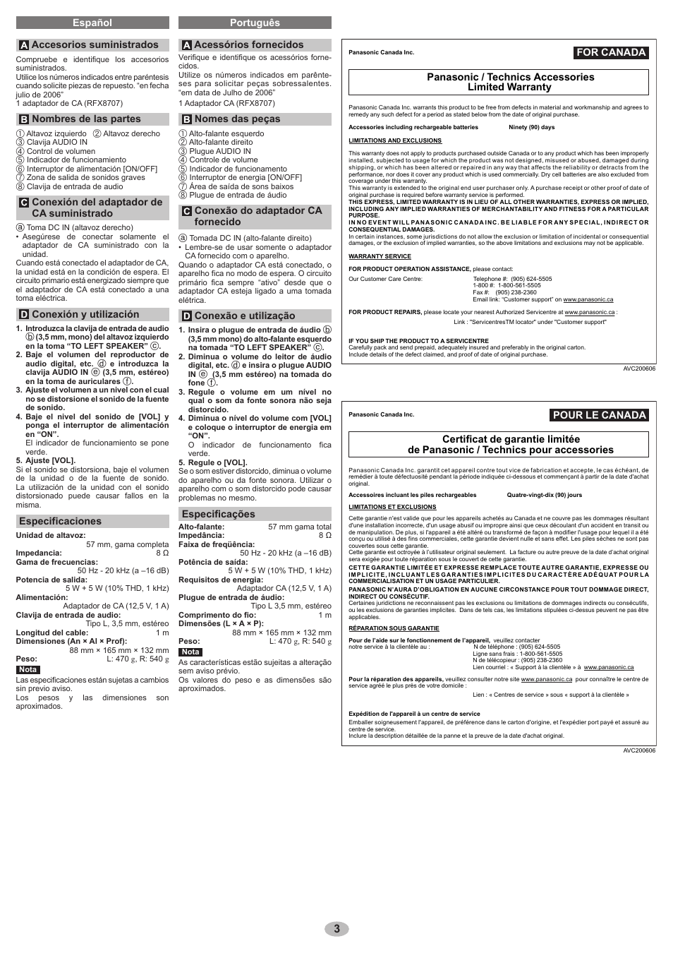For canada, Panasonic / technics accessories limited warranty, Pour le canada | Español português accesorios suministrados, Nombres de las partes, Conexión del adaptador de ca suministrado, Conexión y utilización, Especificaciones, Acessórios fornecidos, Nomes das peças | Panasonic RP SP58 User Manual | Page 3 / 4