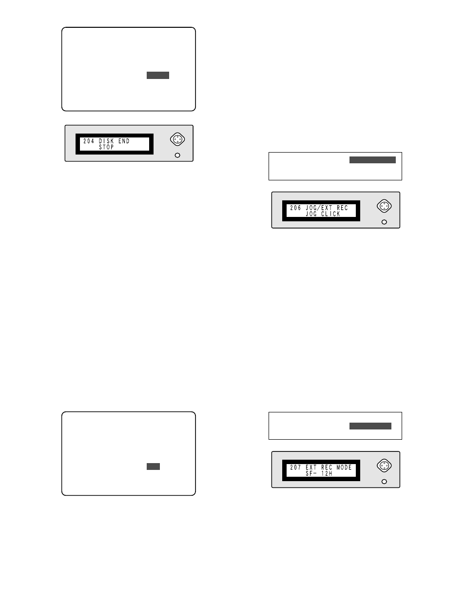 Disk end buzzer setup 205 disk end buzzer, Jog click terminal definition 206 jog/ext rec, External recording mode 207 ext rec mode | Panasonic WJ-HD100 User Manual | Page 26 / 60