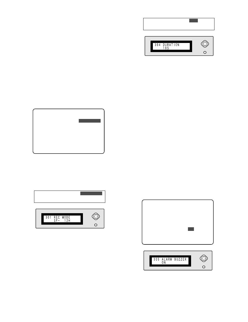 Alarm setup, Alarm recording mode 301 rec mode, Alarm recording duration 304 duration | Alarm buzzer 305 alarm buzzer | Panasonic WJ-HD100 User Manual | Page 27 / 60