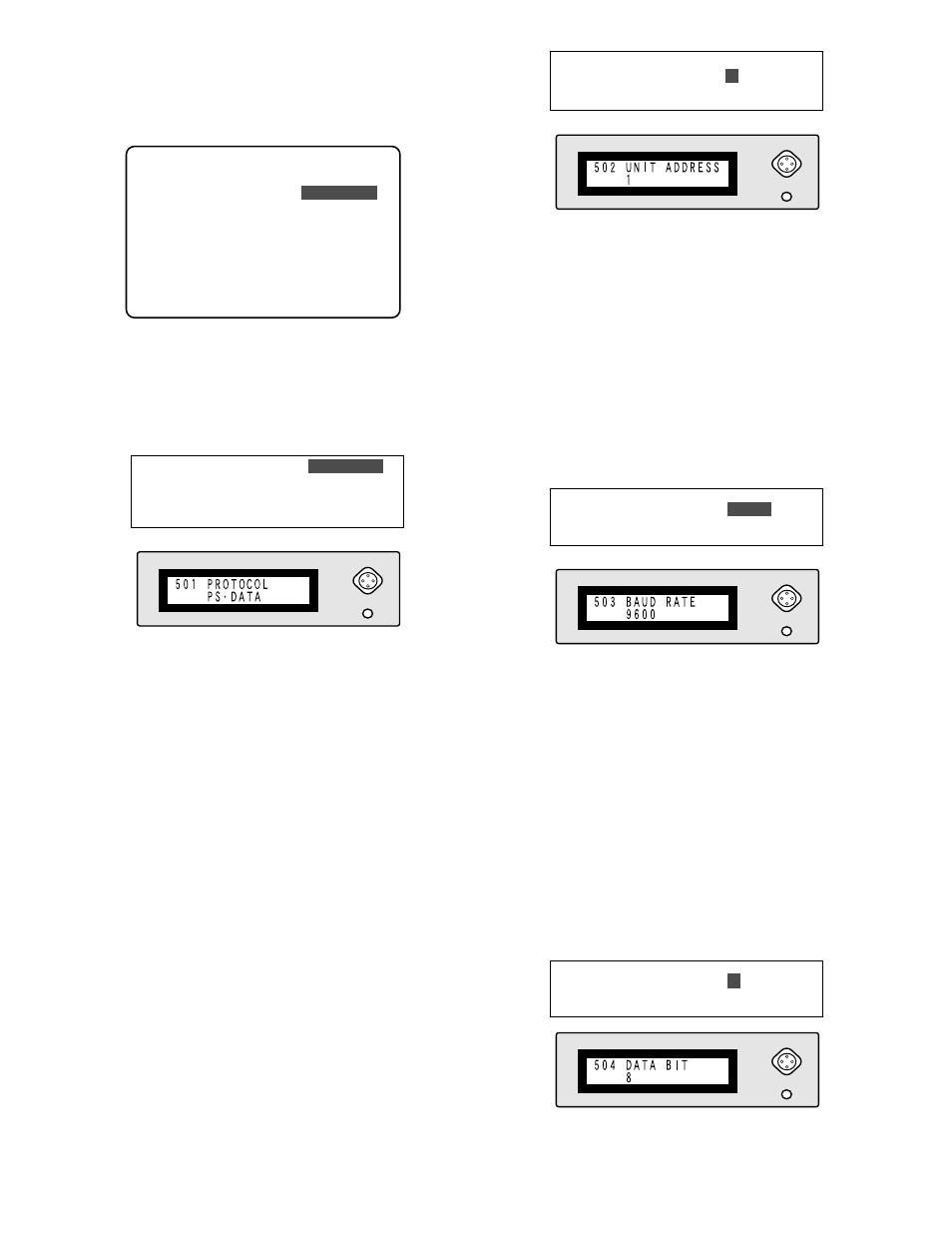 Communication setup, Protocol 501 protocol, Unit address 502 unit address | Baud rate 503 baud rate, Data bit 504 data bit | Panasonic WJ-HD100 User Manual | Page 30 / 60