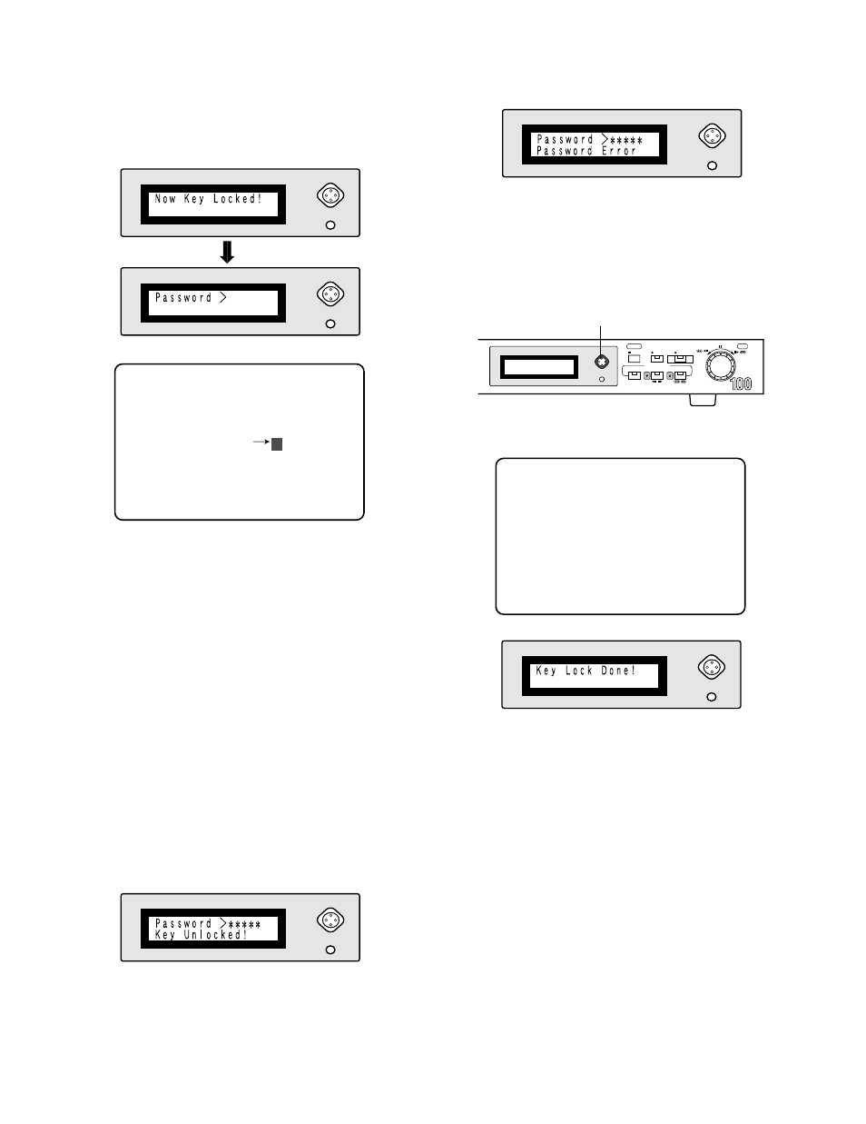 Lock/unlock buttons, Password verification, Enabling button lock | Password, Key lock done | Panasonic WJ-HD100 User Manual | Page 40 / 60