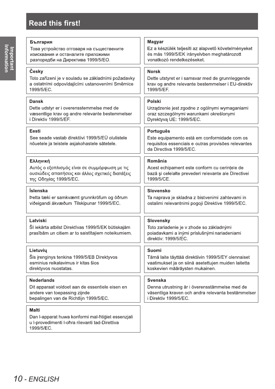 Read this first, Important safety notice, English | Nglish - 5 | Panasonic PT VX400NTU User Manual | Page 10 / 86