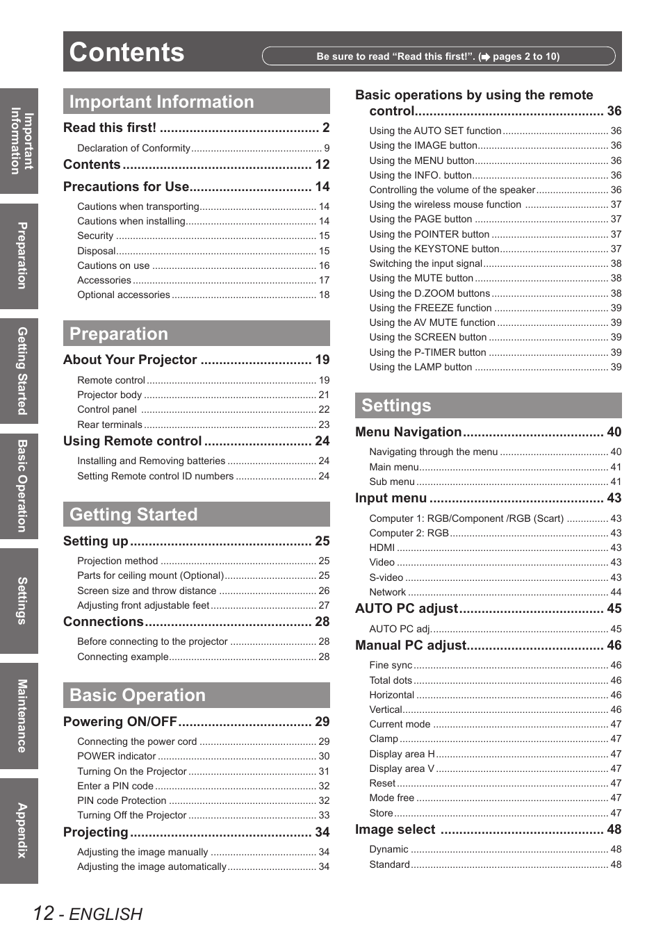 Panasonic PT VX400NTU User Manual | Page 12 / 86