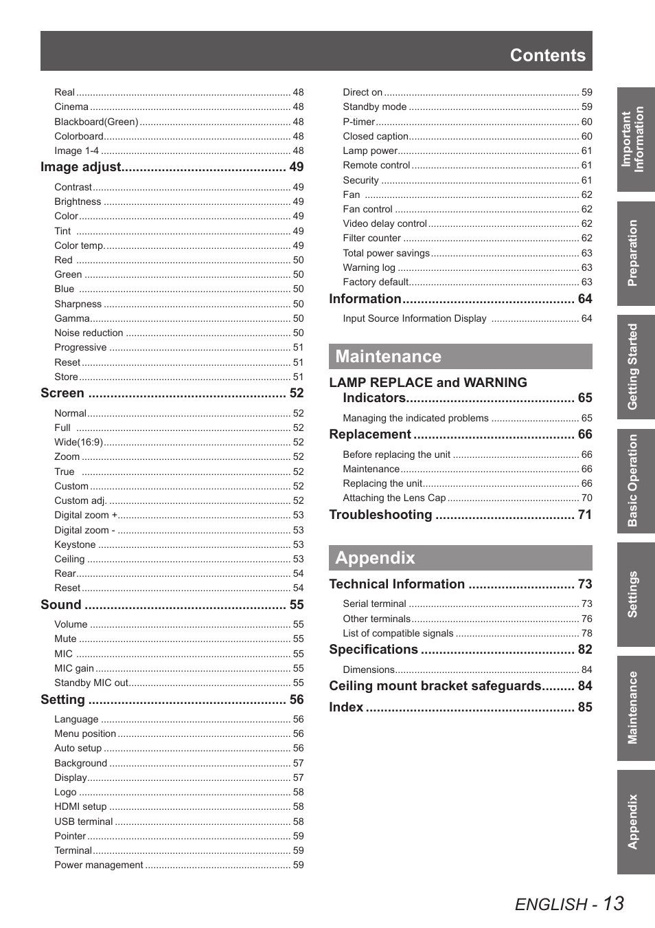 Panasonic PT VX400NTU User Manual | Page 13 / 86