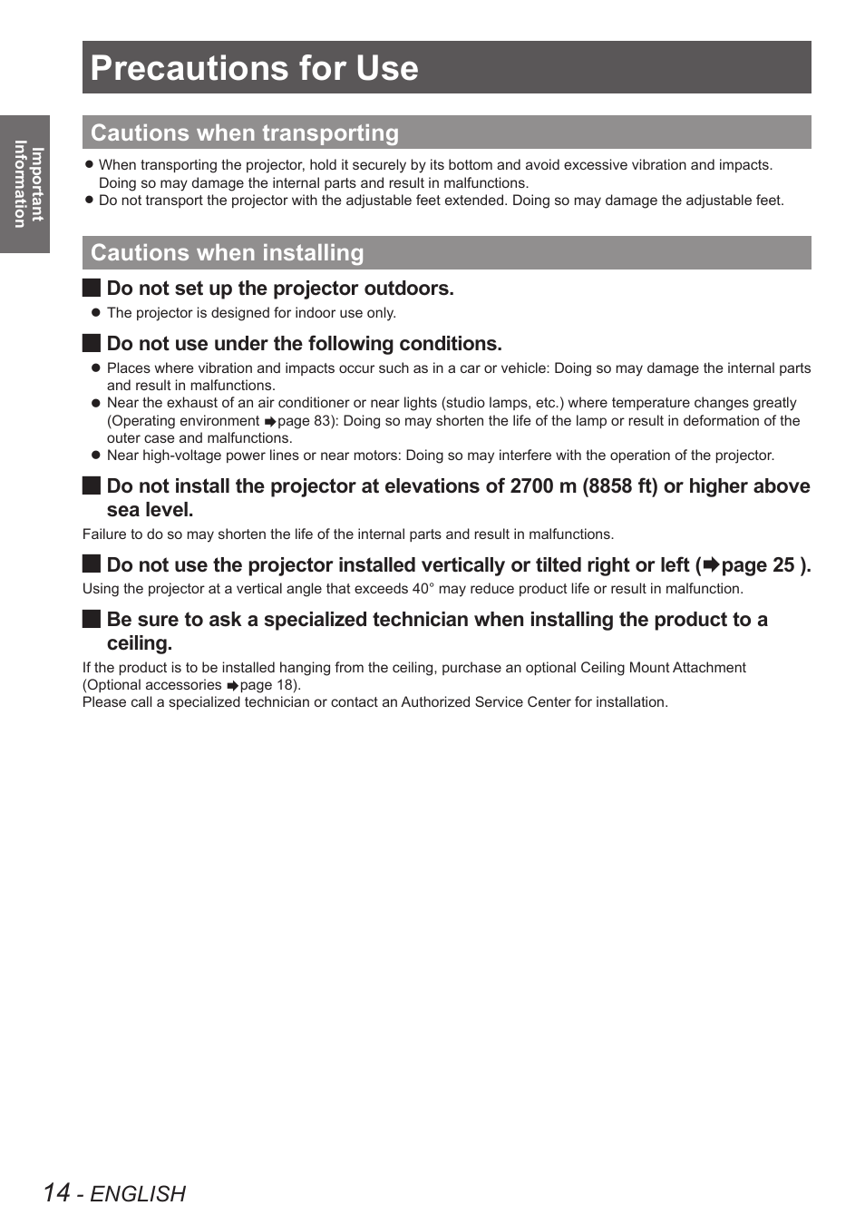 Precautions for use, Cautions when transporting, Cautions when installing | English | Panasonic PT VX400NTU User Manual | Page 14 / 86