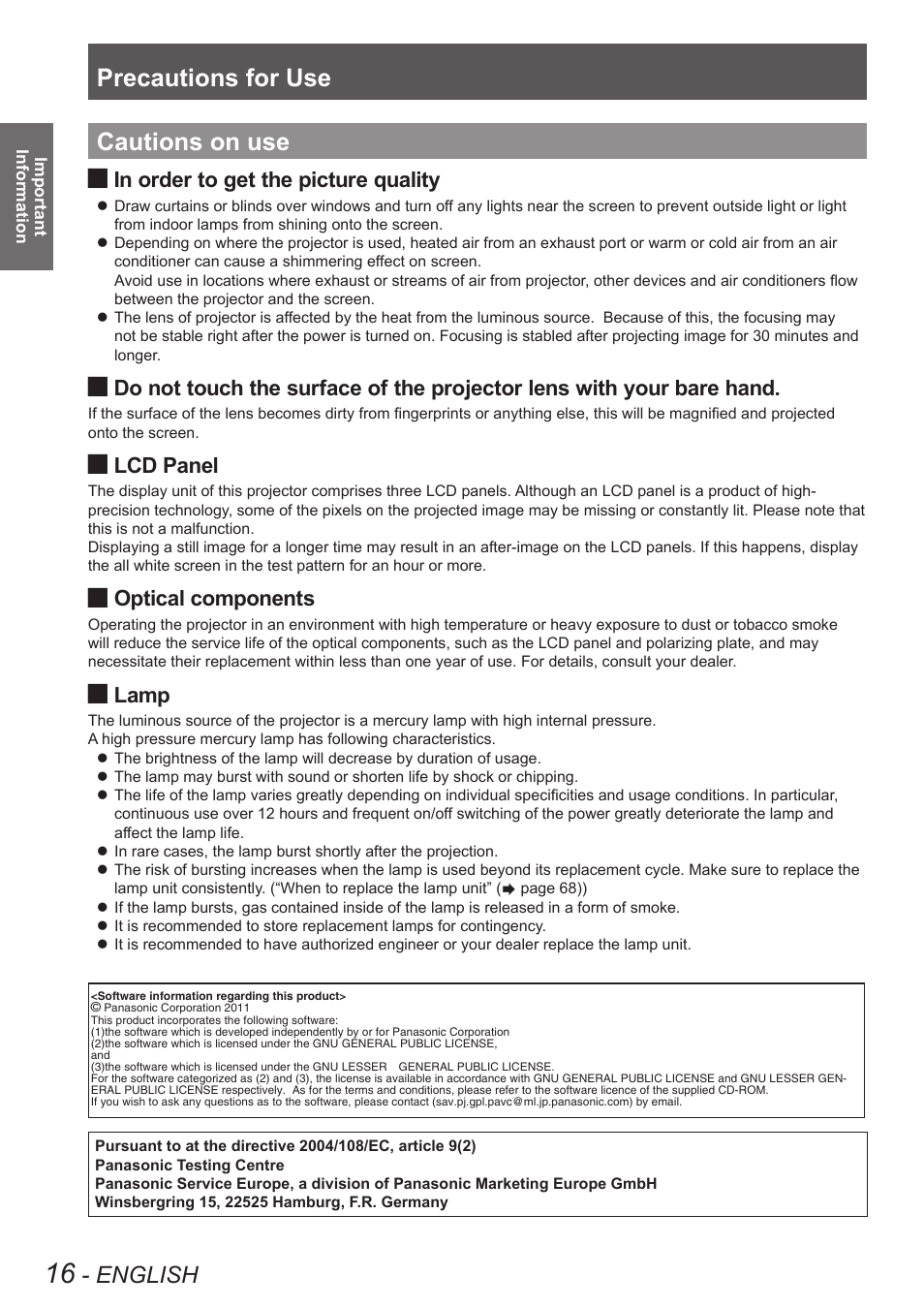 Cautions on use, Precautions for use, English | Lcd panel, Optical components, Lamp | Panasonic PT VX400NTU User Manual | Page 16 / 86