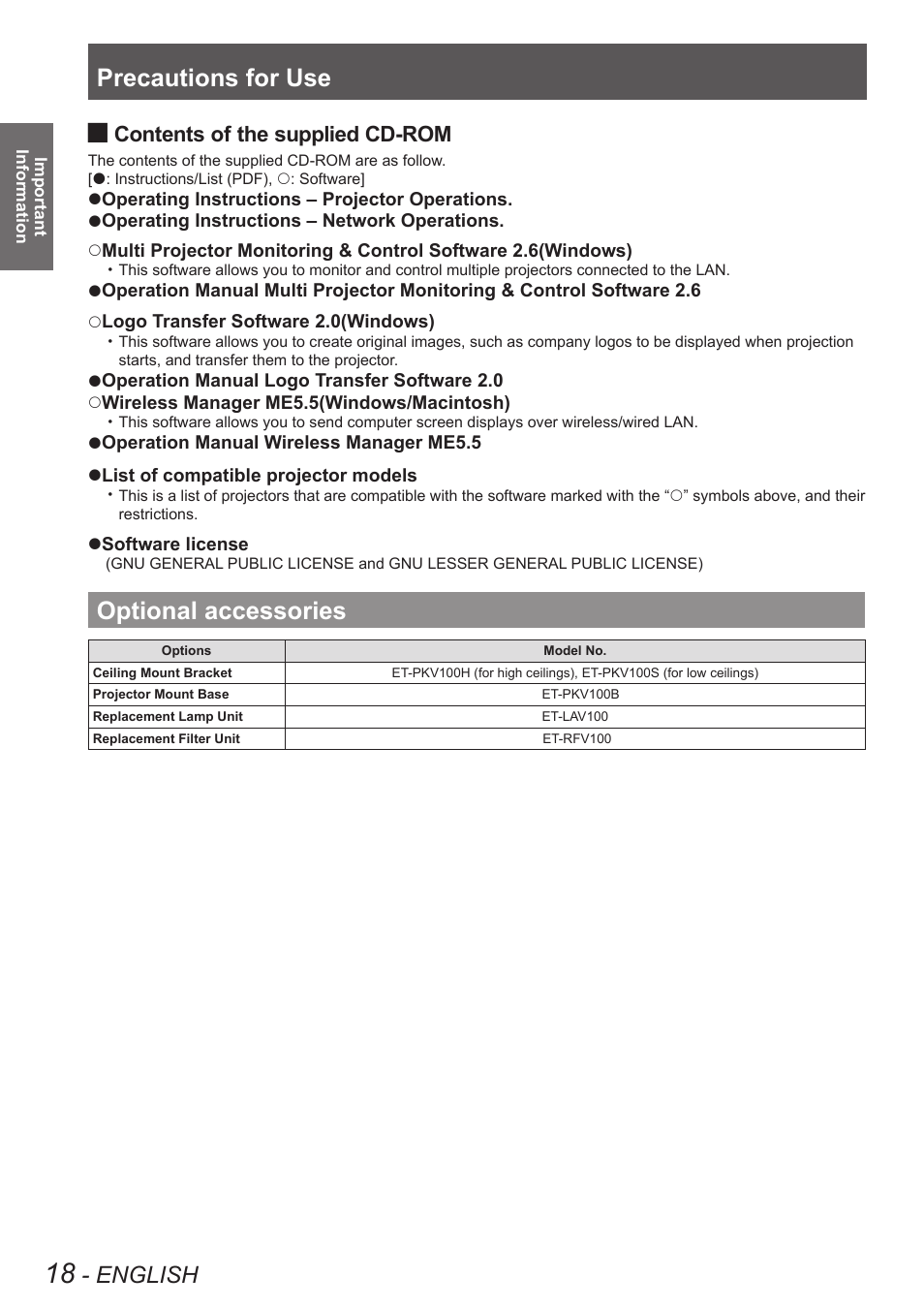 Optional accessories, Precautions for use, English | Contents of the supplied, Cd-rom | Panasonic PT VX400NTU User Manual | Page 18 / 86