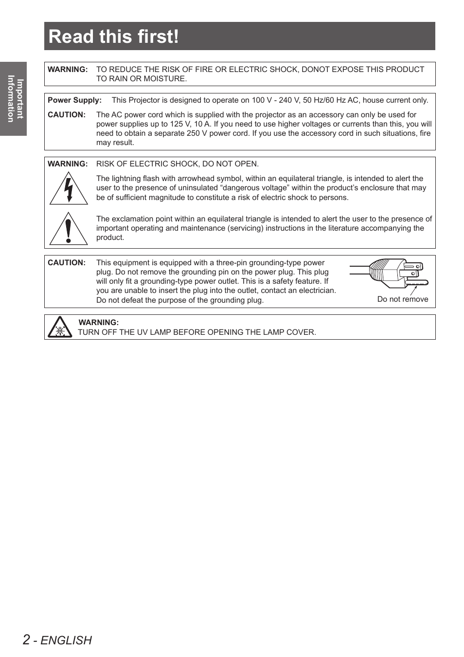 Important information, Read this first, English | Panasonic PT VX400NTU User Manual | Page 2 / 86