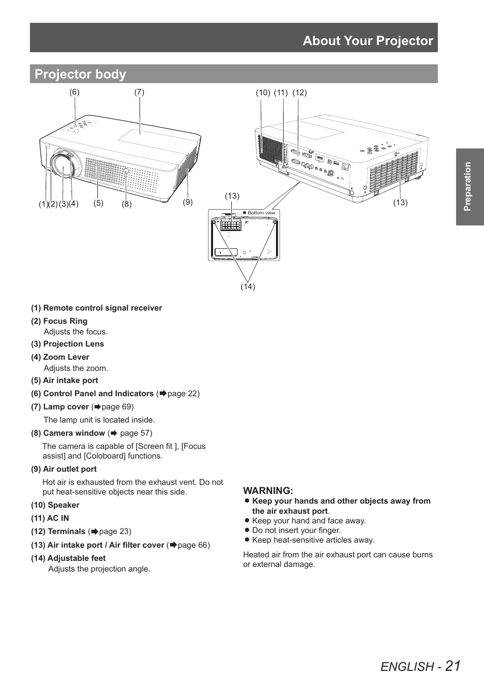 Projector body, About your projector, English | Panasonic PT VX400NTU User Manual | Page 21 / 86