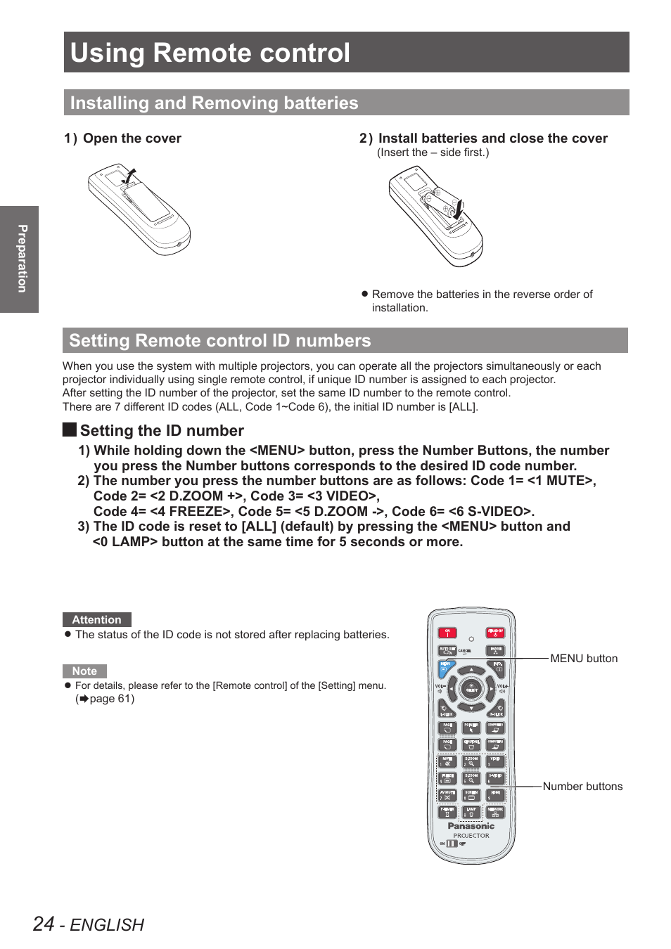 Using remote control, Installing and removing batteries, Setting remote control id numbers | English, Setting the id number | Panasonic PT VX400NTU User Manual | Page 24 / 86