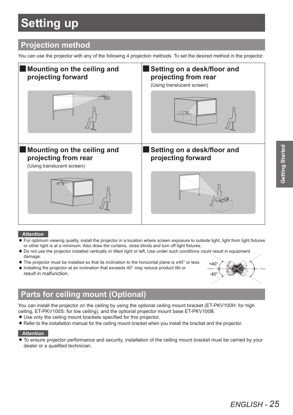 Getting started, Setting up, Projection method | Parts for ceiling mount (optional), English, Mounting on the ceiling and projecting forward, Setting on a desk/floor and projecting from rear, Mounting on the ceiling and projecting from rear, Setting on a desk/floor and projecting forward | Panasonic PT VX400NTU User Manual | Page 25 / 86