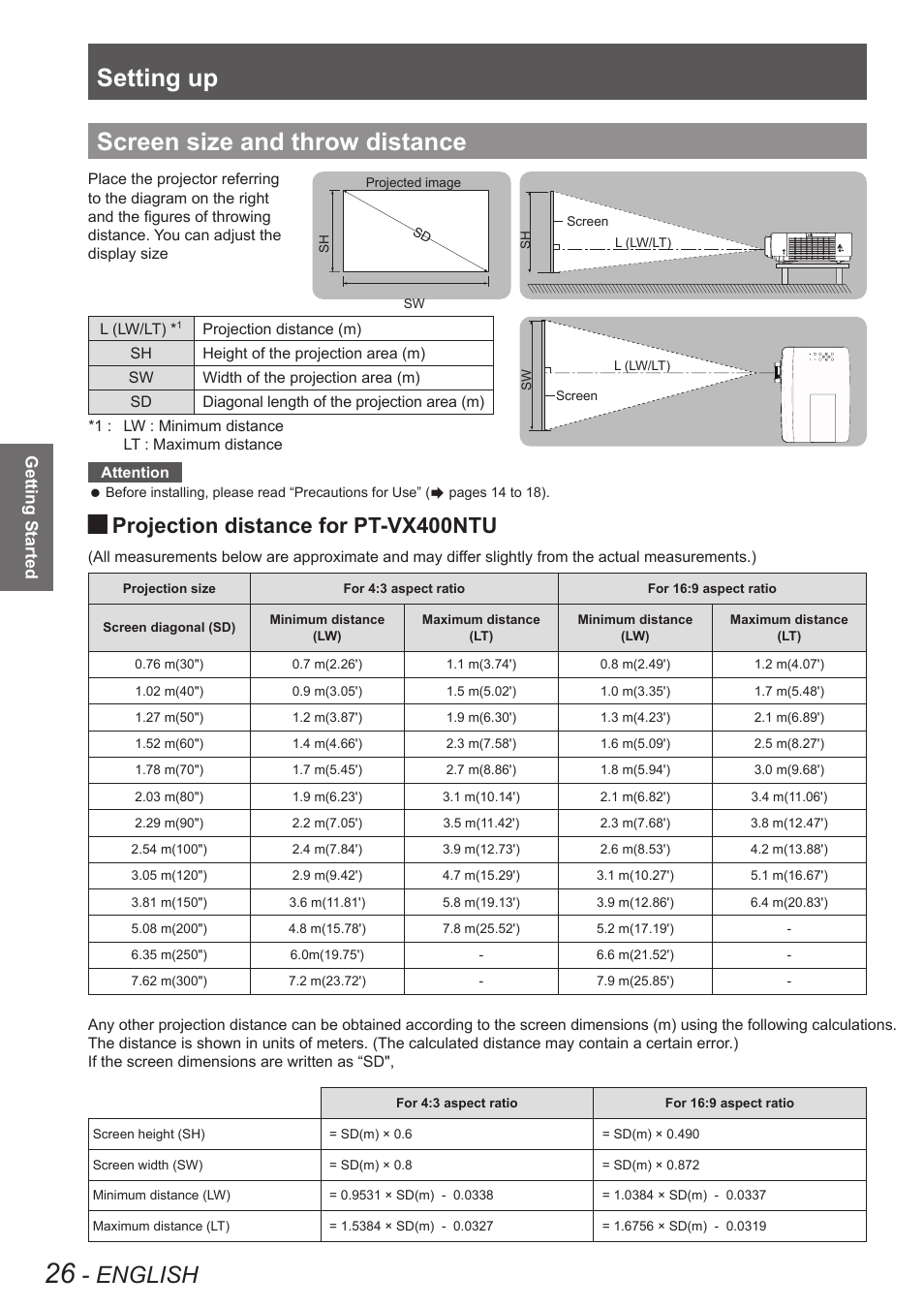 Screen size and throw distance, Setting up, English | Projection distance for pt-vx400ntu | Panasonic PT VX400NTU User Manual | Page 26 / 86