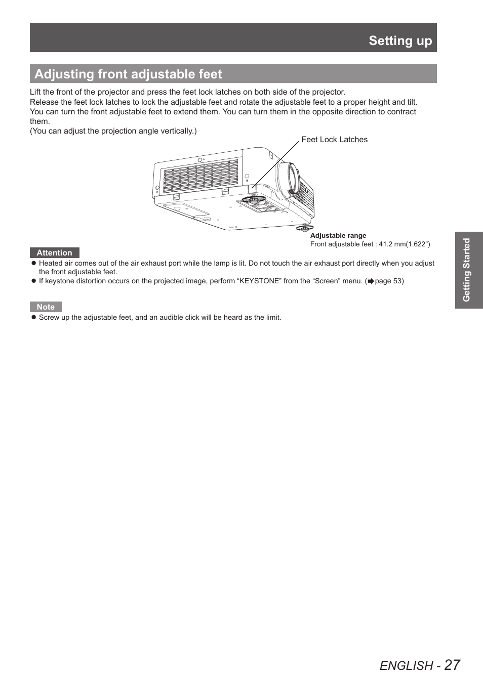 Adjusting front adjustable feet, Setting up, English | Panasonic PT VX400NTU User Manual | Page 27 / 86