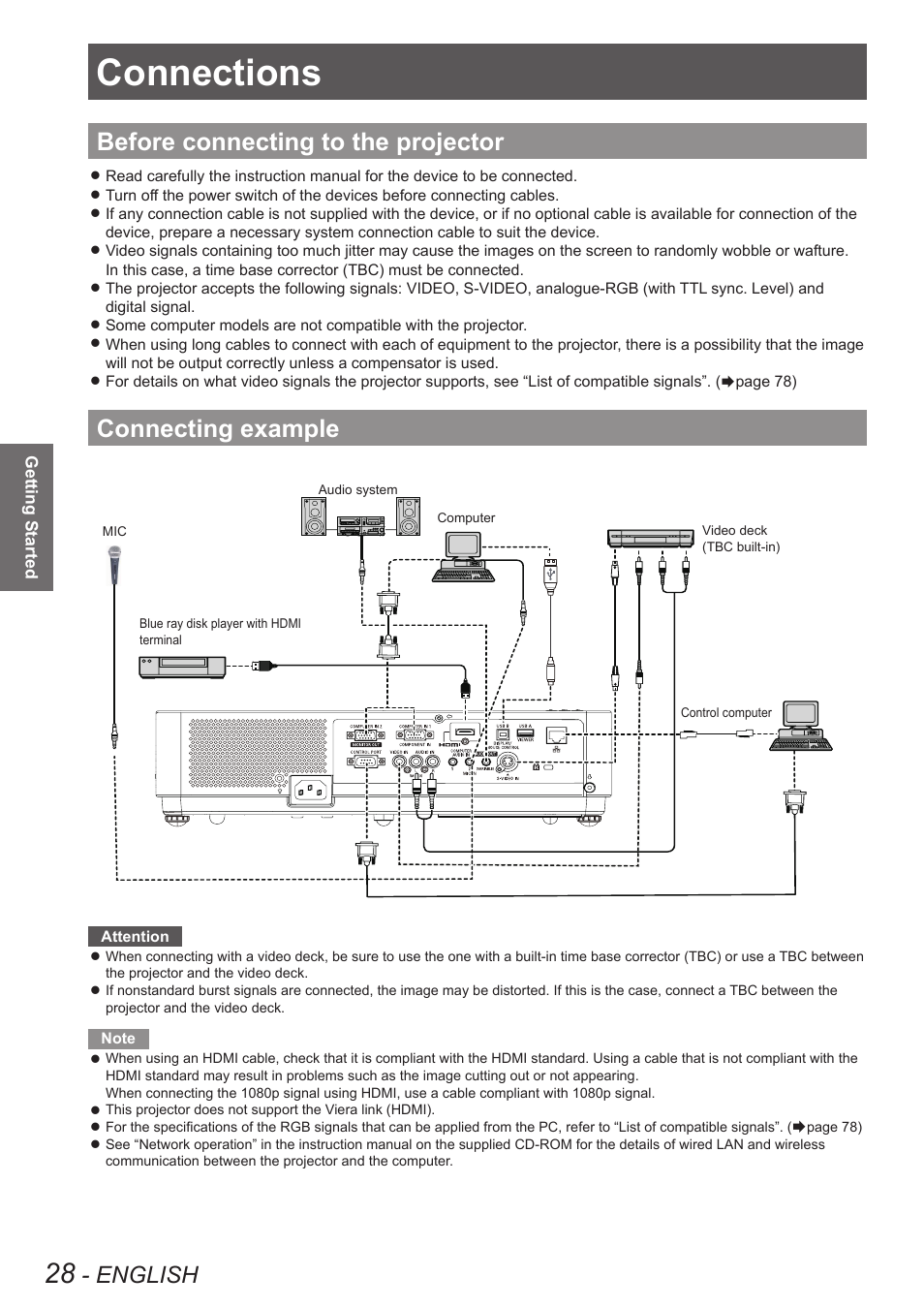 Connections, Before connecting to the projector, Connecting example | English | Panasonic PT VX400NTU User Manual | Page 28 / 86