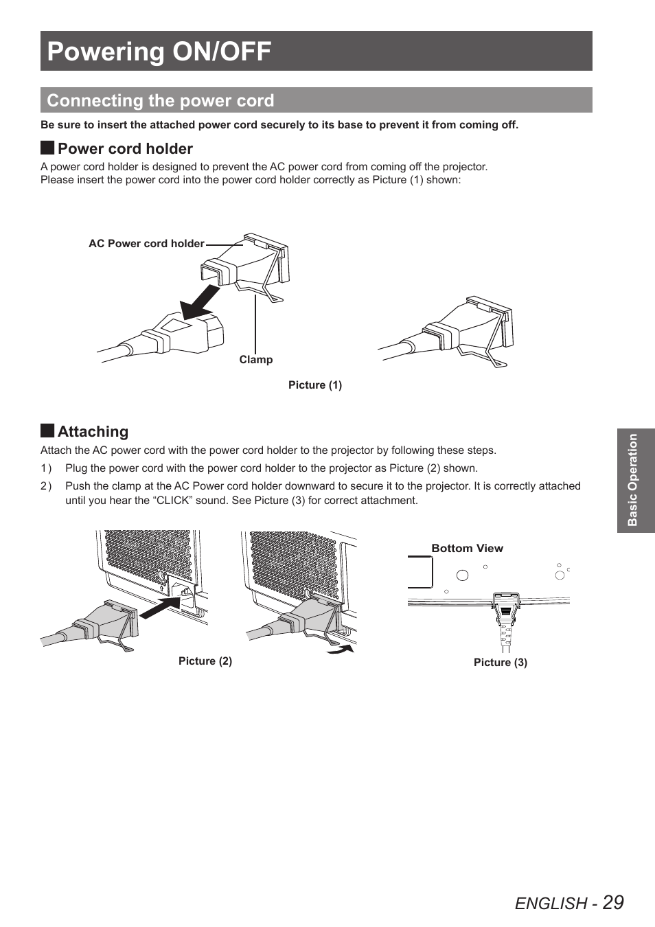 Basic operation, Powering on/off, Connecting the power cord | English | Panasonic PT VX400NTU User Manual | Page 29 / 86