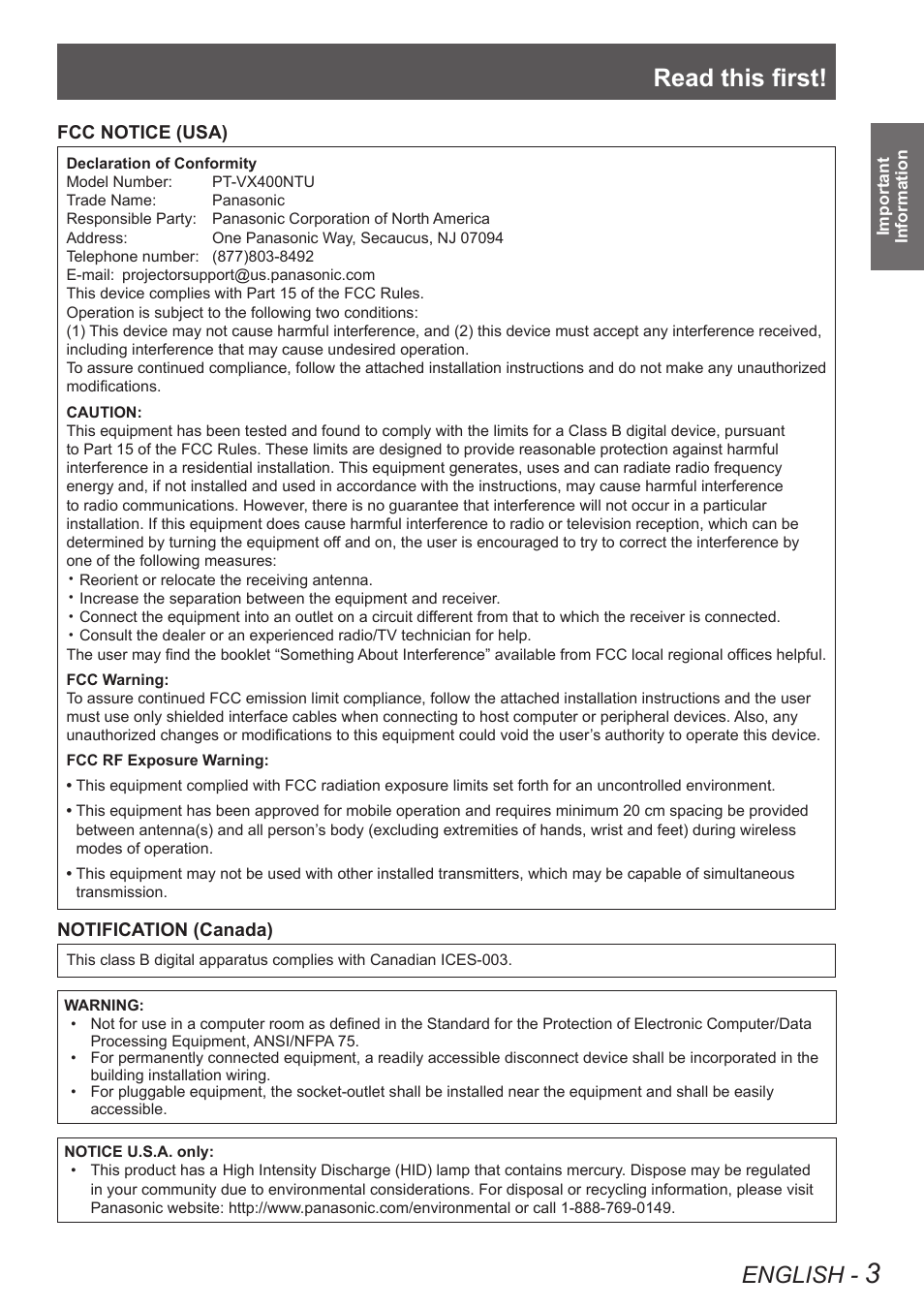 Read this first, English | Panasonic PT VX400NTU User Manual | Page 3 / 86