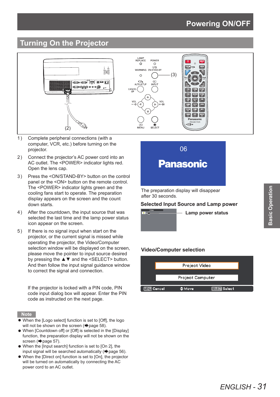 Turning on the projector, Powering on/off, English | Panasonic PT VX400NTU User Manual | Page 31 / 86