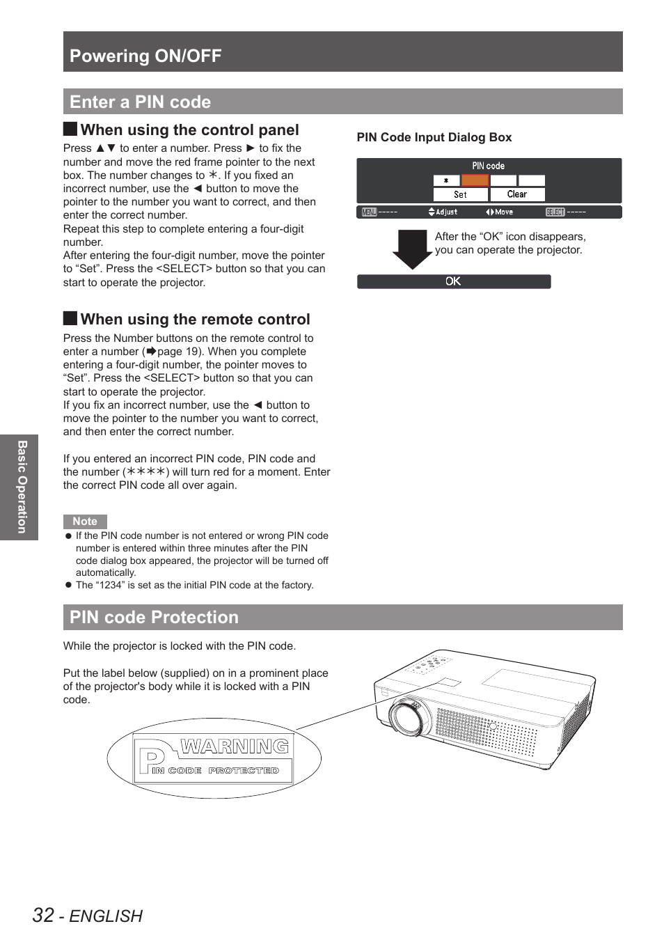 Enter a pin code, Pin code protection, Enter a pin code pin code protection | Powering on/off, English, When using the control panel, When using the remote control | Panasonic PT VX400NTU User Manual | Page 32 / 86