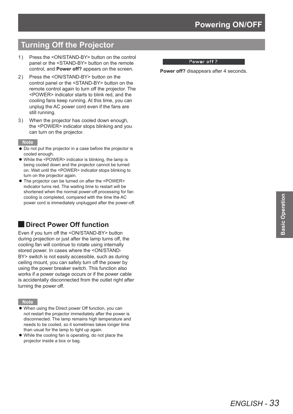 Turning off the projector, Powering on/off, English | Direct power off function | Panasonic PT VX400NTU User Manual | Page 33 / 86