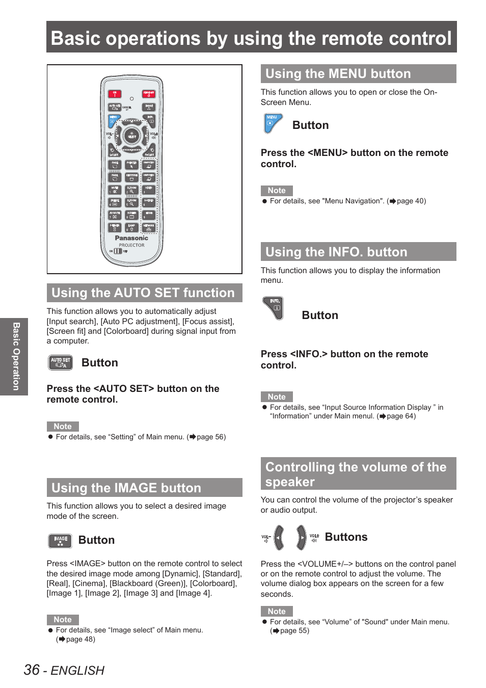 Basic operations by using the remote control, Using the auto set function, Using the image button | Using the menu button, Using the info. button, Controlling the volume of the speaker, Basic operations by using the remote, Control, English, Button | Panasonic PT VX400NTU User Manual | Page 36 / 86