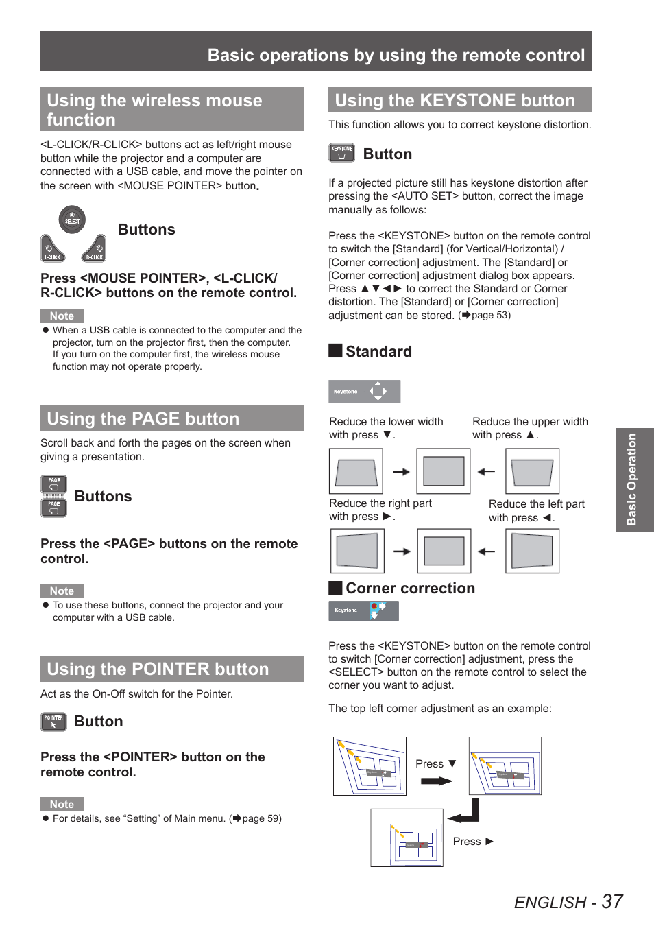 Using the wireless mouse function, Using the pointer button, Using the keystone button | Basic operations by using the remote control, Using the page button, English, Buttons, Button, Standard, Corner correction | Panasonic PT VX400NTU User Manual | Page 37 / 86