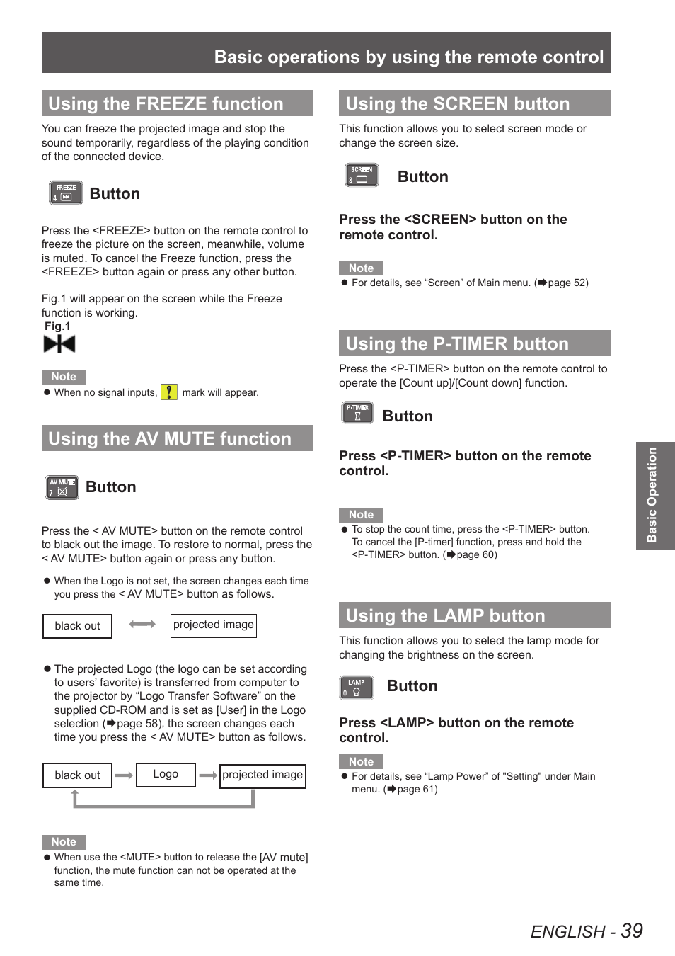 Using the freeze function, Using the av mute function, Using the screen button | Using the p-timer button, Using the lamp button, Basic operations by using the remote control, English, Button | Panasonic PT VX400NTU User Manual | Page 39 / 86