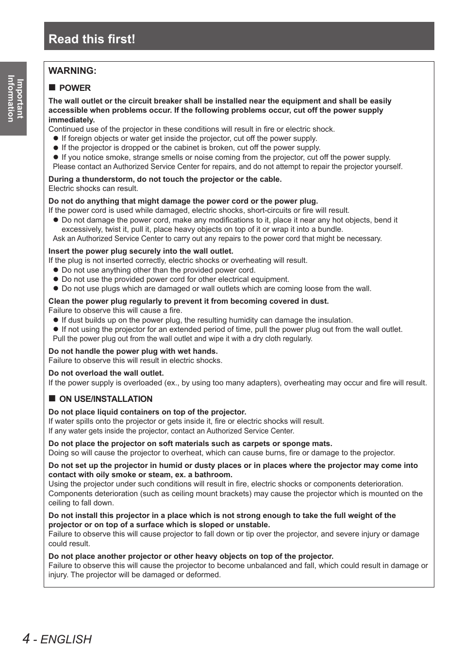 Read this first, English | Panasonic PT VX400NTU User Manual | Page 4 / 86