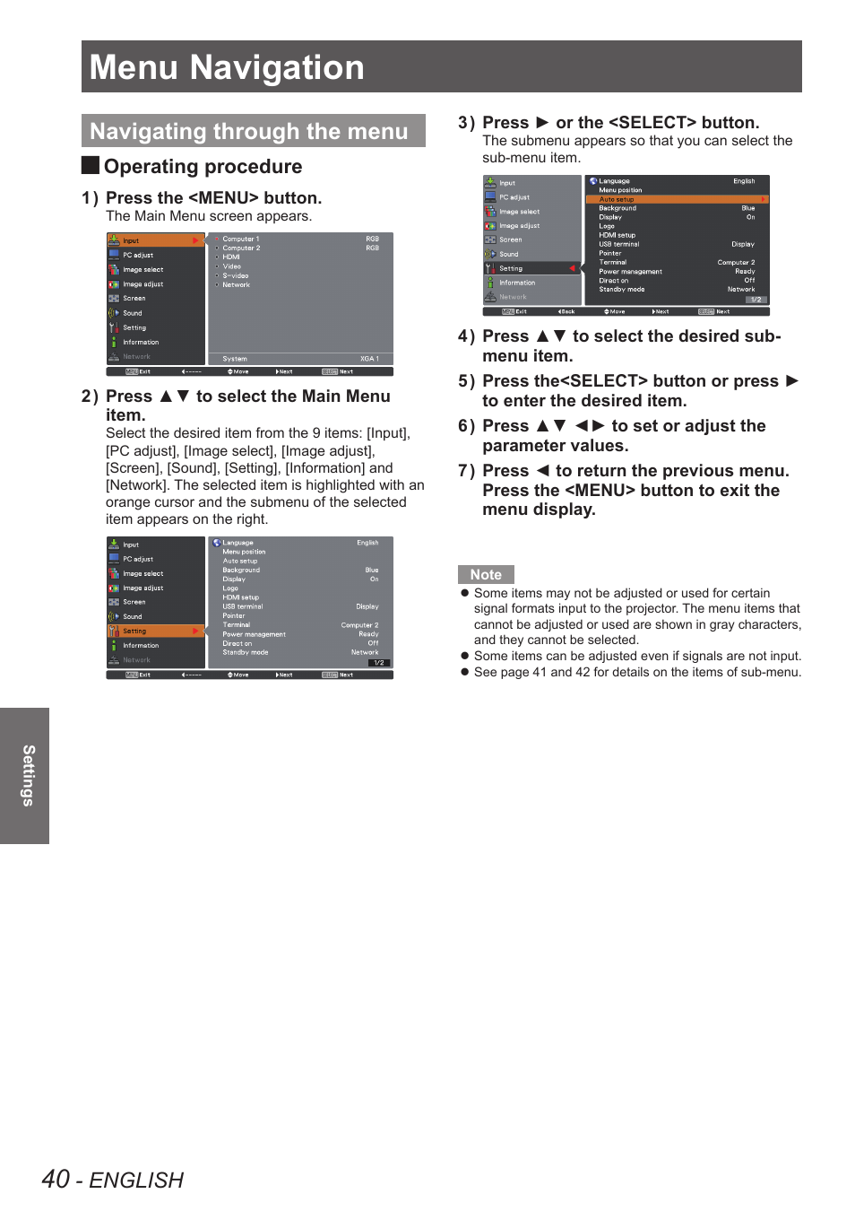 Settings, Menu navigation, Navigating through the menu | English, Operating procedure | Panasonic PT VX400NTU User Manual | Page 40 / 86