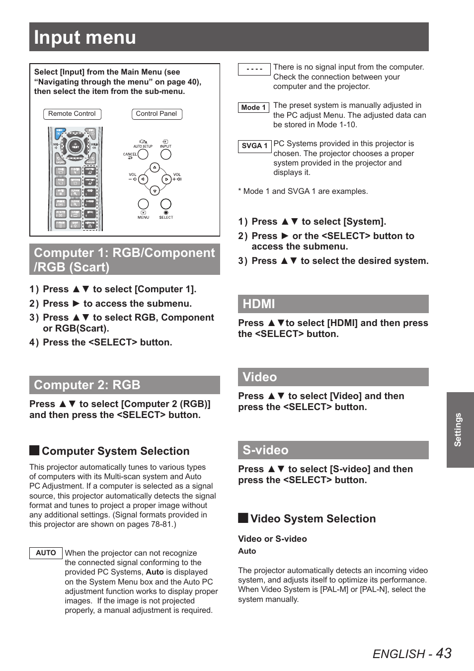 Input menu, Computer 1: rgb/component /rgb (scart), Computer 2: rgb | Hdmi, Video, S-video, English, Computer system selection, Video system selection | Panasonic PT VX400NTU User Manual | Page 43 / 86