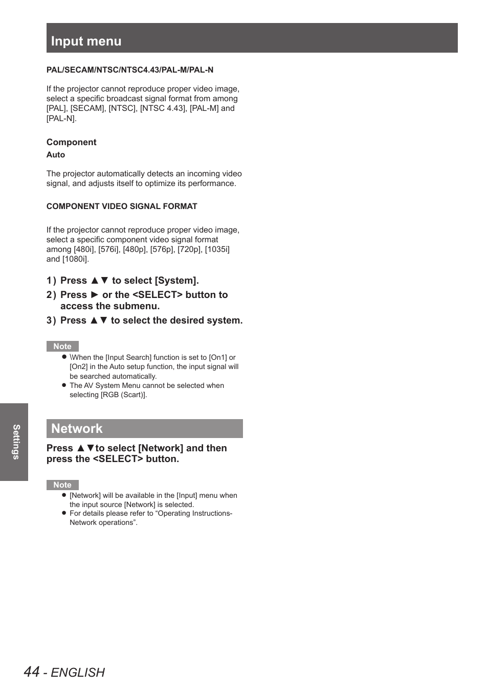 Network, Input menu, English | Panasonic PT VX400NTU User Manual | Page 44 / 86