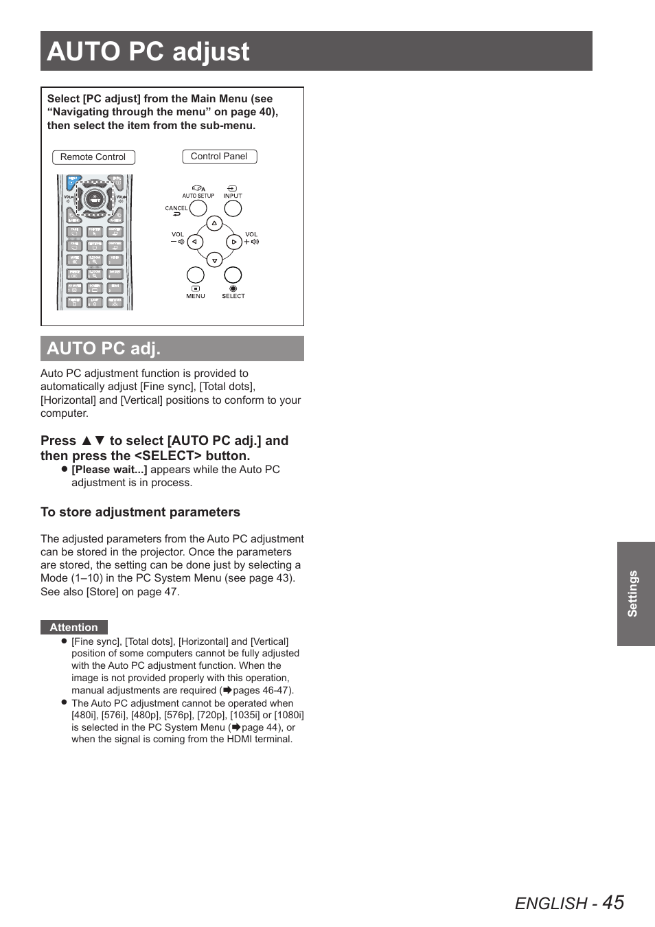 Auto pc adjust, Auto pc adj, English | Panasonic PT VX400NTU User Manual | Page 45 / 86