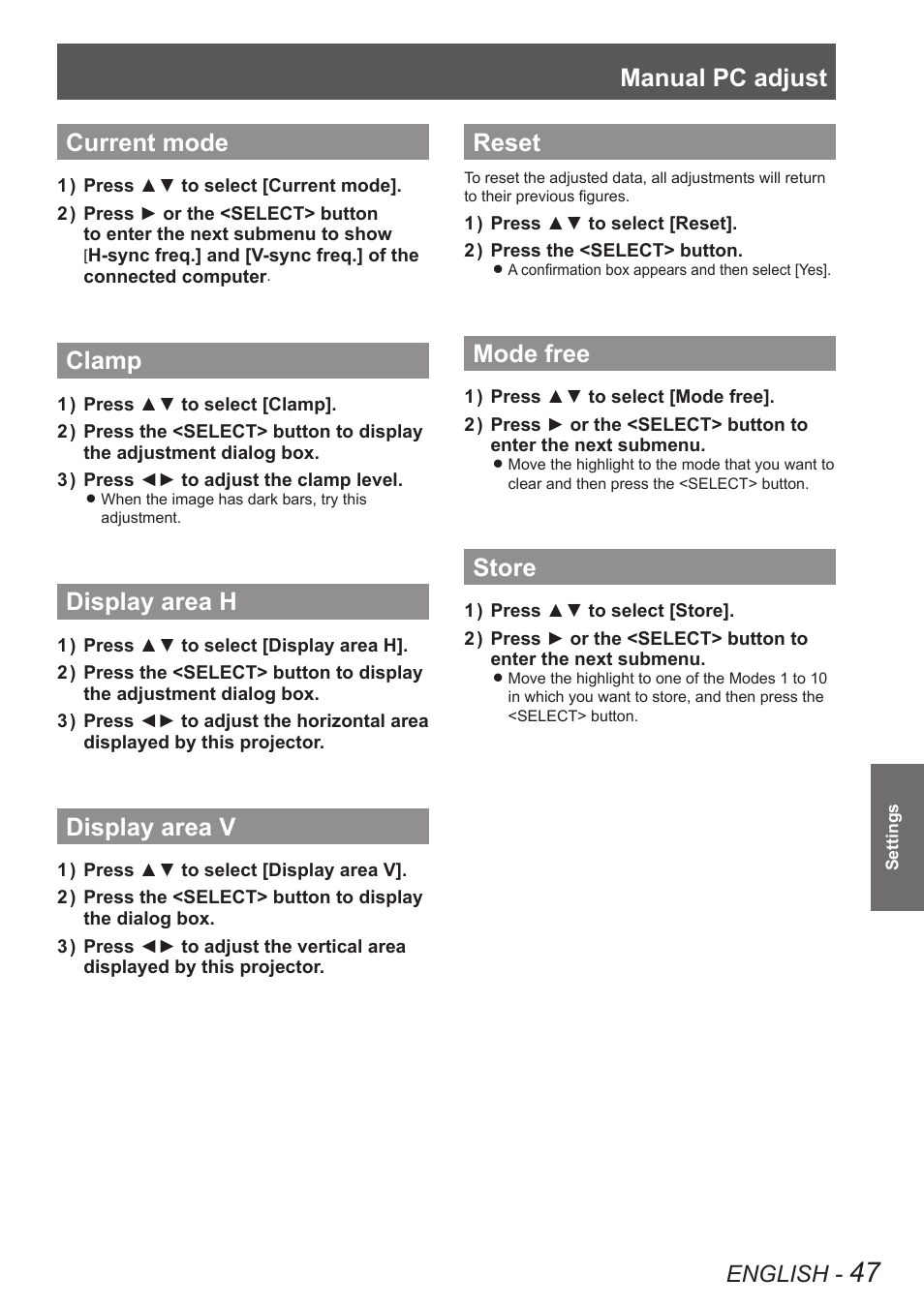 Current mode, Clamp, Display area h | Display area v, Reset, Mode free, Store, Manual pc adjust, English | Panasonic PT VX400NTU User Manual | Page 47 / 86