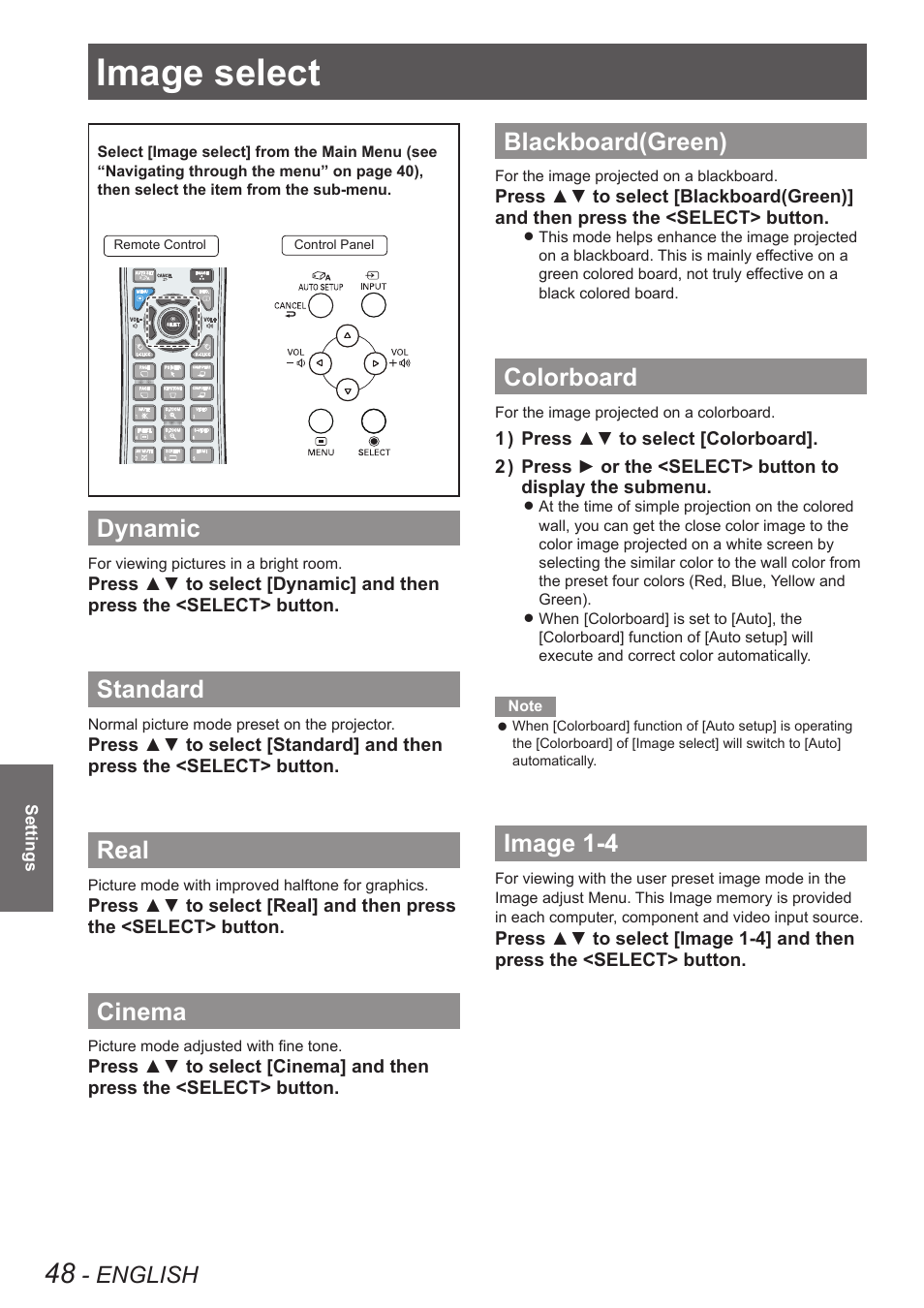 Image select, Dynamic, Standard | Real, Cinema, Blackboard(green), Colorboard, Image 1-4, Dynamic standard, Real cinema blackboard(green) colorboard image 1-4 | Panasonic PT VX400NTU User Manual | Page 48 / 86