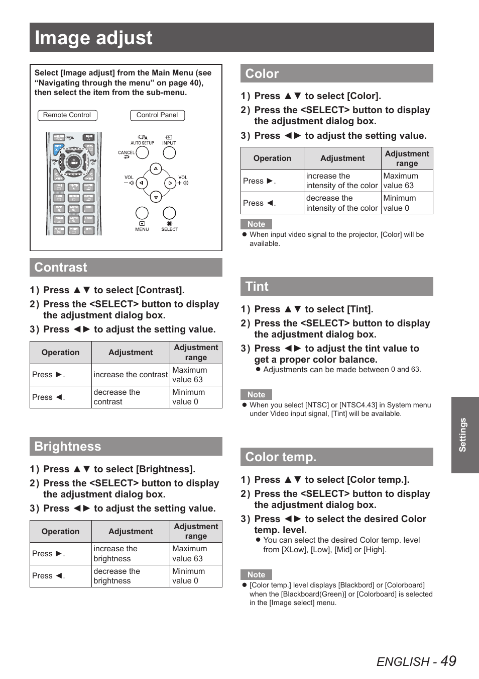 Image adjust, Contrast, Brightness | Color, Tint, Color temp, Contrast brightness color tint color temp, English | Panasonic PT VX400NTU User Manual | Page 49 / 86