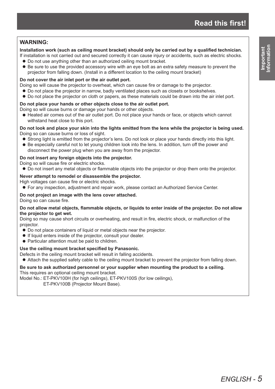 Read this first, English | Panasonic PT VX400NTU User Manual | Page 5 / 86