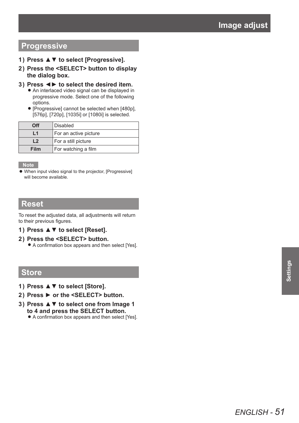 Progressive, Reset, Store | Progressive reset store, Image adjust, English | Panasonic PT VX400NTU User Manual | Page 51 / 86