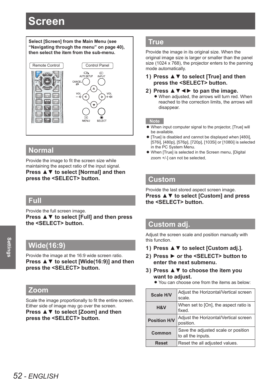 Screen, Normal, Full | Wide(16:9), Zoom, True, Custom, Custom adj, Normal full wide(16:9) zoom true custom custom adj, English | Panasonic PT VX400NTU User Manual | Page 52 / 86