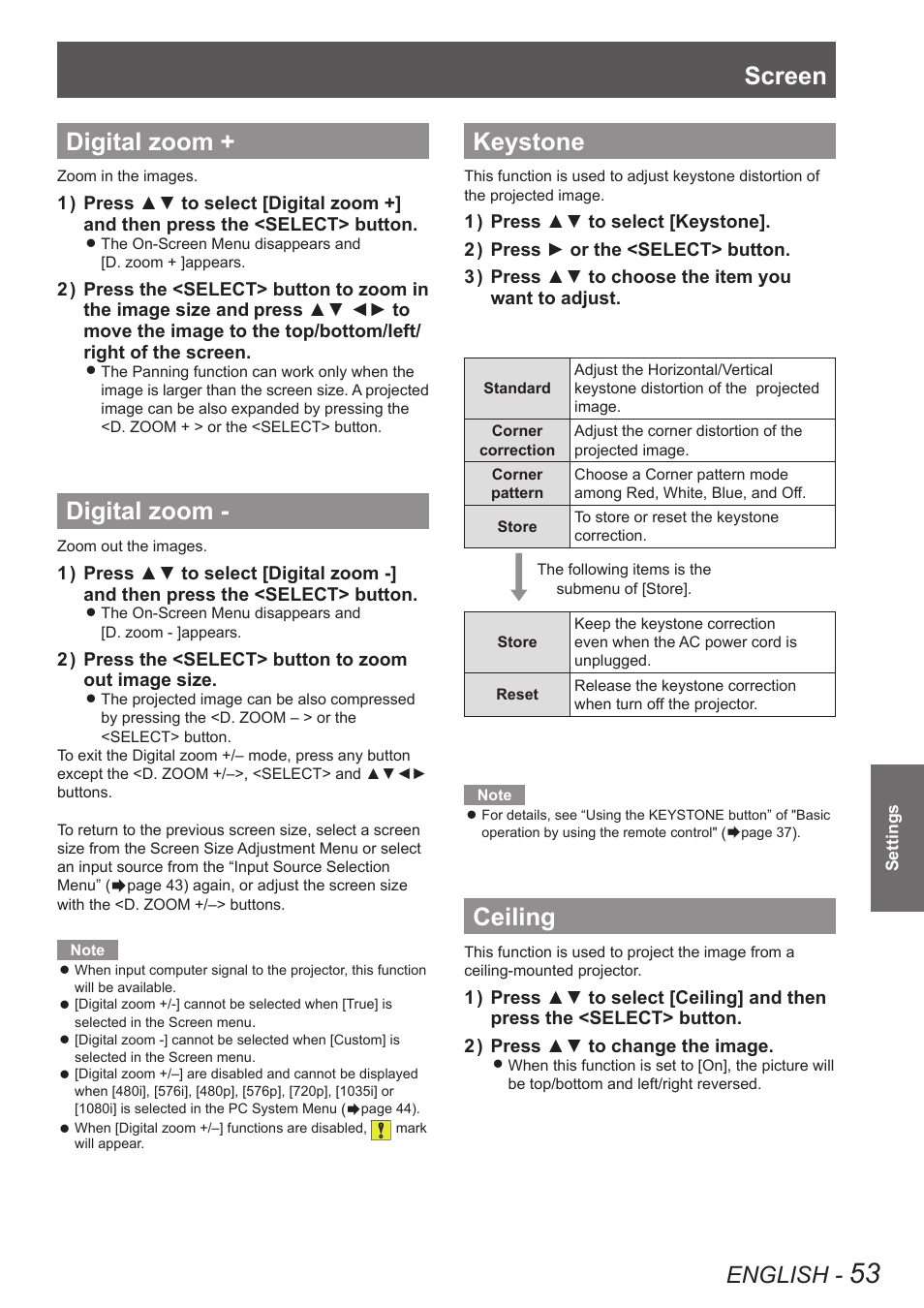 Digital zoom, Keystone, Ceiling | Digital zoom + digital zoom keystone ceiling, Screen digital zoom, English | Panasonic PT VX400NTU User Manual | Page 53 / 86